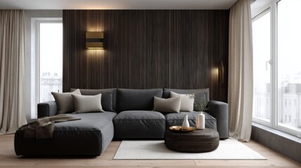scandi rustic living room full view, charcoal grey sofa, dark walnut wall panel, fabric wall sconce, cream linen curtains, oak floor, soft cinematic light