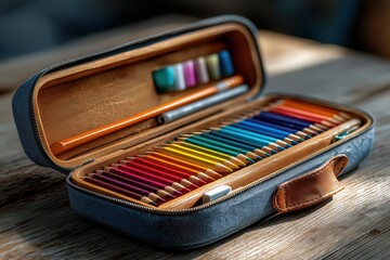 Open pencil case and school supplies arranged neatly in soft morning sunlight