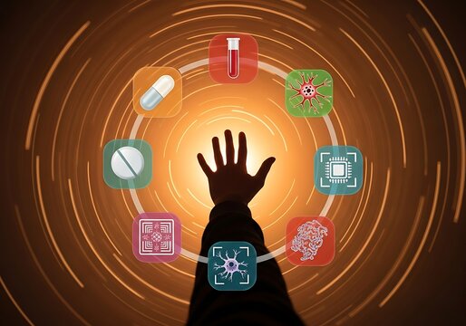 Hand controlling a digital network of scientific and medical icons