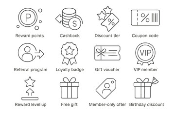 Rewards and loyalty icon set featuring cashback and vip membership