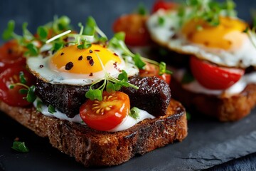 Modern British breakfast: black pudding, fried eggs, tomatoes on sourdough toast