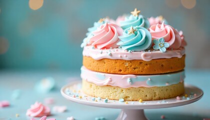 A two layer cake with pink and blue frosting rosettes and sprinkles on a white cake stand against blue