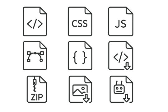 Icons for code files: css, js, zip, image, and robot symbol set