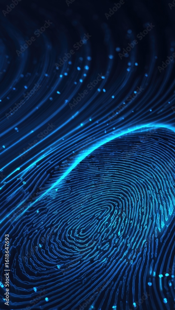 Fototapete abstract digital fingerprint rendered in glowing blue, swirling lines and particles create depth and
