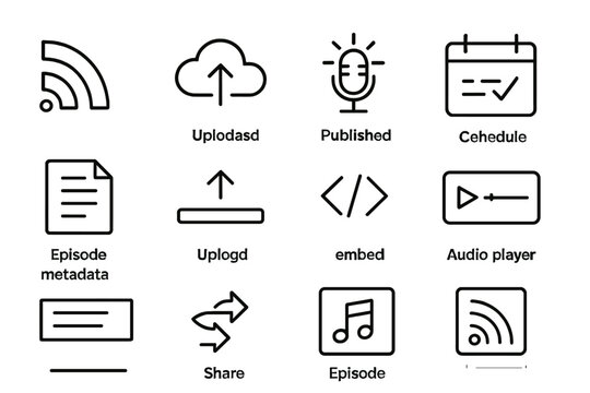 Podcast icons collection: audio, upload, schedule, metadata, embed features
