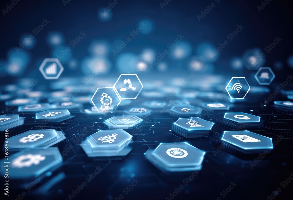 Poster abstract digital landscape of glowing hexagonal icons representing data, technology, and connectivit