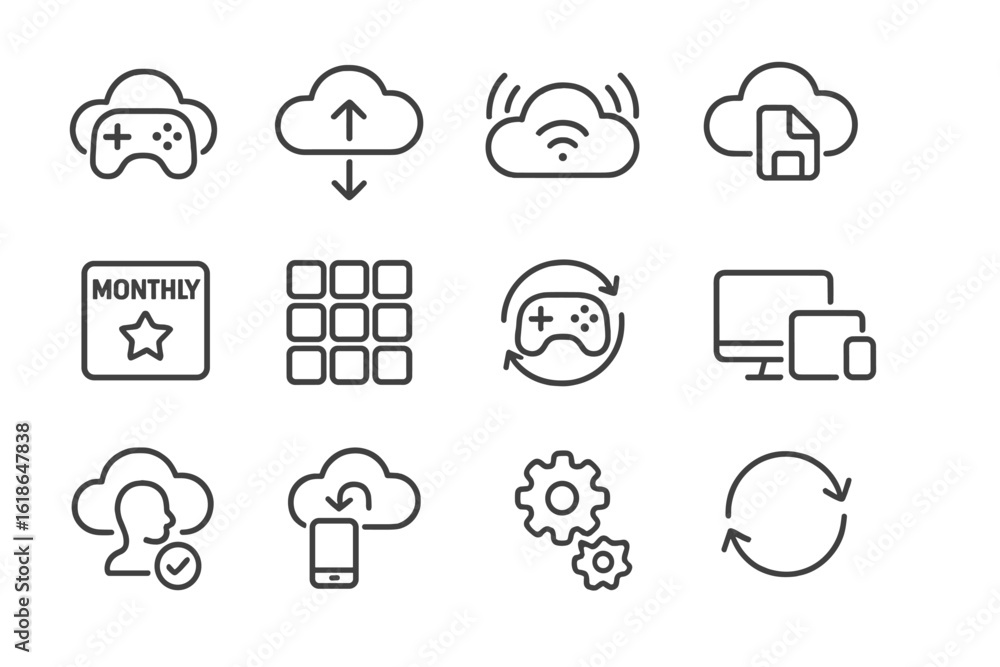 Poster cloud technology icons for gaming and data synchronization