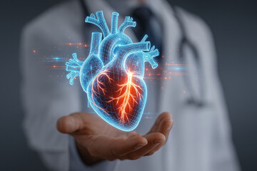 A doctor is holding a glowing 3D holographic model of a human heart, showing detailed blood vessels and heart anatomy