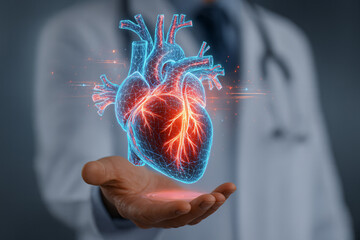 Doctor holding digital mesh hologram of human heart anatomy
