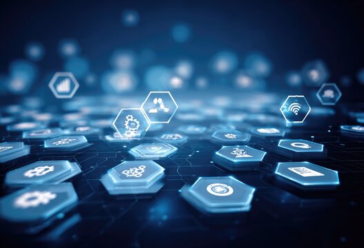 Abstract digital landscape of glowing hexagonal icons representing data, technology, and connectivity on a dark blue background