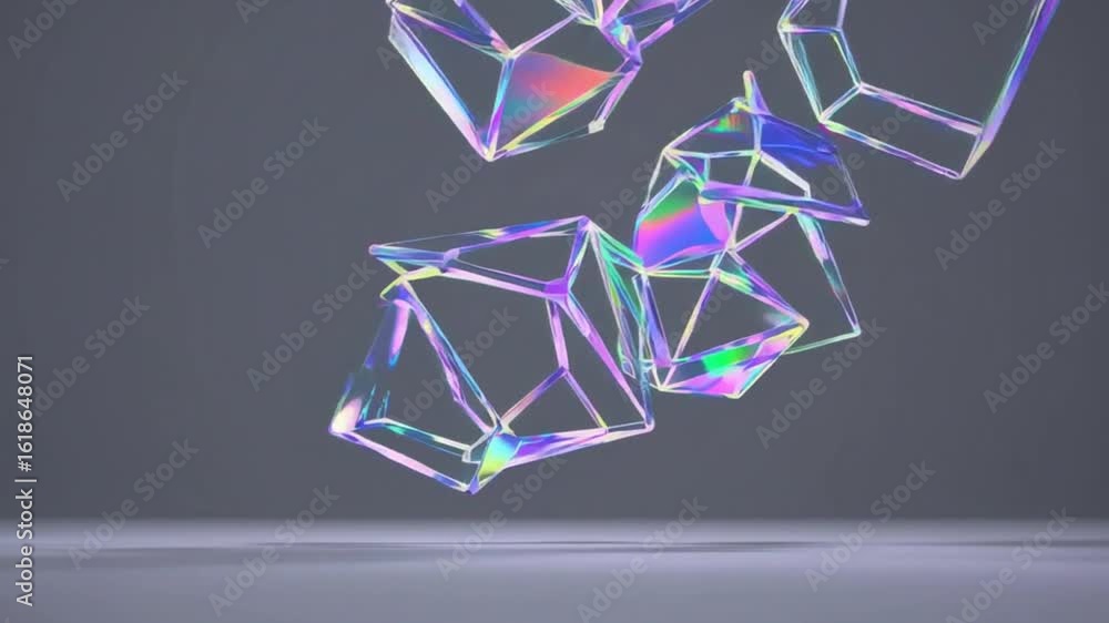Poster abstract iridescent geometric shapes with various angles and colorful refractions, hovering in mid-a