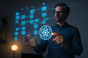 A researcher or scientist interacts with a futuristic holographic interface, featuring an atomic icon and a complex data flowchart