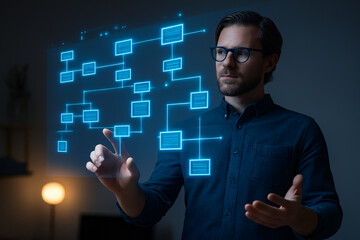 Developer interacting with futuristic digital flowchart in virtual workspace
