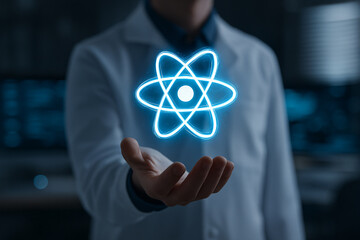 Scientist holding glowing atomic hologram in futuristic lab
