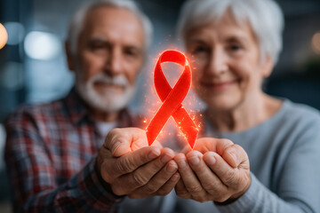 A senior couple is holding a glowing red ribbon in their hands, symbolizing HIV/AIDS awareness, health advocacy, and support for those affected