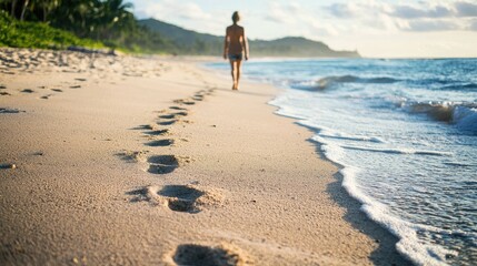 A person walking along a beach with their figure slowly vanishing into the distance.
