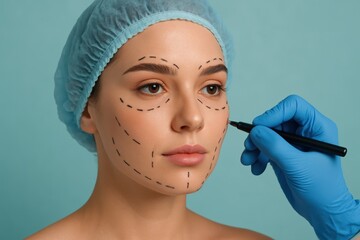 Elegant woman prepares for cosmetic procedure, facial markings guided by a steady hand ensuring the beauty and success of the enhancement against a serene blue backdrop.