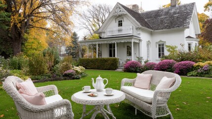white cottage front, slate roof, lace balcony, asters, trimmed lawn, wicker loveseat, round table tea set, soft autumn light