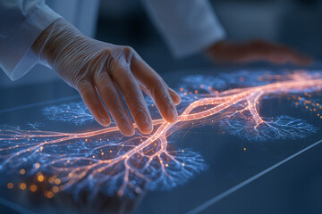 Doctor interacting with glowing digital blood vessels on screen
