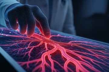 Digital hand touching a glowing holographic vascular network
