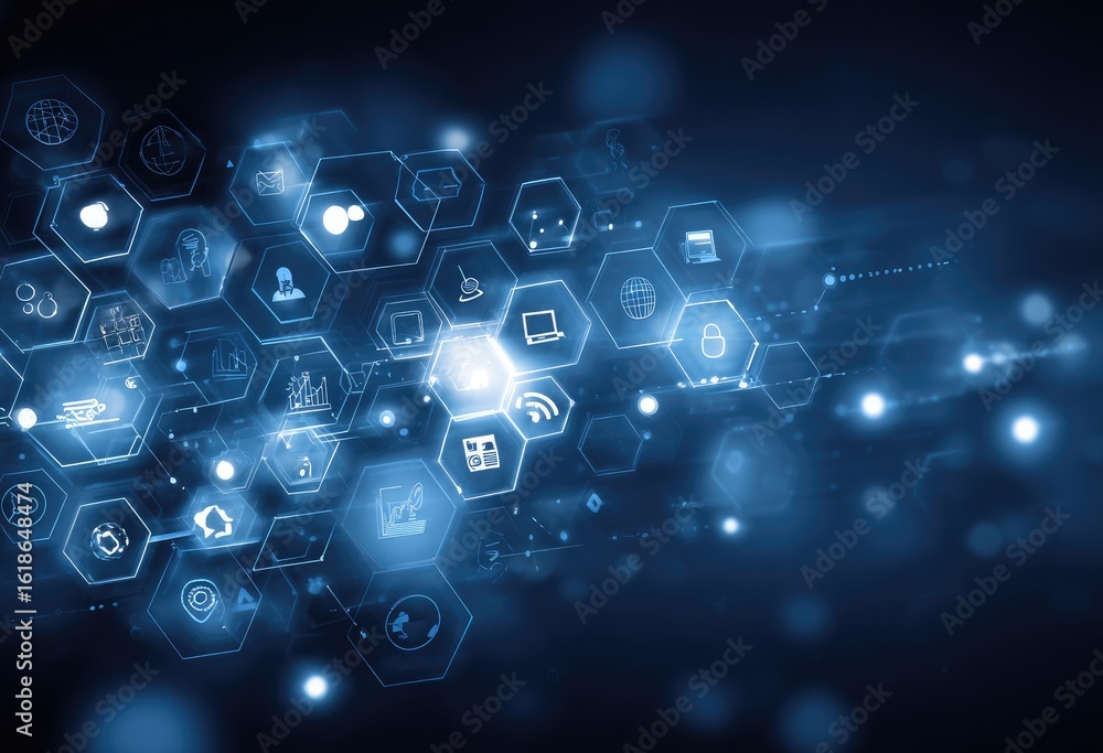 Fototapete abstract network graphic with glowing blue hexagonal nodes containing various digital icons, interco