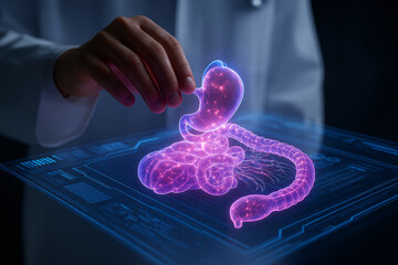 A hand interacts with a glowing holographic digestive system displayed on a futuristic medical screen, showing the stomach, intestines, and pancreas