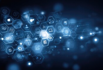 Abstract network graphic with glowing blue hexagonal nodes containing various digital icons, interconnected by lines on a dark background