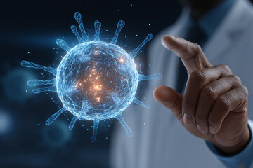 A doctor interacts with a glowing 3D holographic virus particle projected in augmented reality