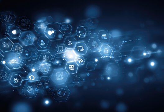 Abstract network graphic with glowing blue hexagonal nodes containing various digital icons, interconnected by lines on a dark background - Powered by Adobe