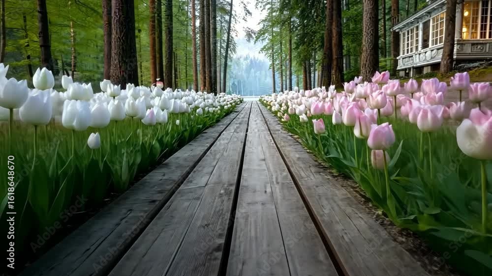 Poster beautiful pathway lined with tulips and trees leading to a serene lake in a tranquil forest setting 