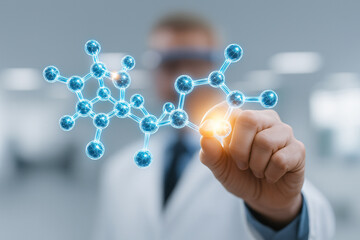 Scientist interacting with glowing molecular structure in hologram
