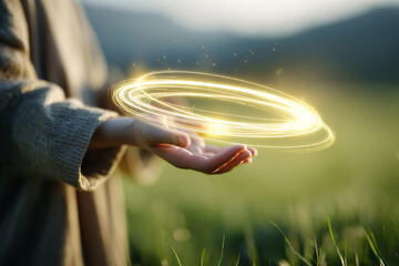 Magical golden energy swirl floating above child's hands
