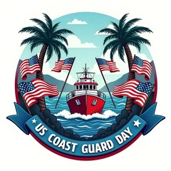 U.S. Coast Guard Day Illustration with Ship, Lighthouse, Palm Trees, and American Flags