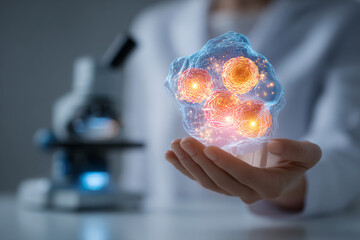 A futuristic image of a medical scientist holding glowing human cells in a holographic form, with a microscope in the background
