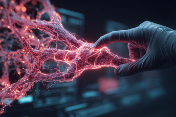 A gloved hand reaches toward a complex holographic display of a glowing neural network, symbolizing advanced neuroscience research, synaptic connectivity, and futuristic brain analysis