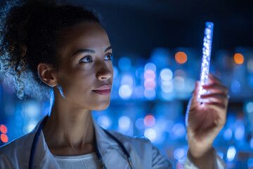 A female scientist in a modern laboratory holds a glowing test tube, studying the bright chemical substance inside