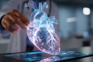 Advanced diagnostics with glowing heart hologram in healthcare setting
