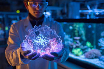 Scientist holds glowing hologram of marine organism in high tech lab
