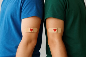 Vaccine Unity Two arms, one blue and one green, display heart bandages symbolizing shared protection and collective health in a simple composition.