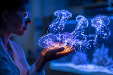 A female scientist observes a stunning 3D hologram of glowing jellyfish hovering above her hands in a high-tech laboratory