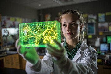Young female scientist analyzes glowing molecular hologram in science lab
