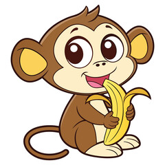 Happy cartoon monkey eating banana on white background