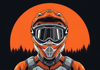 Illustration of motocross rider wearing helmet with forest and sunset