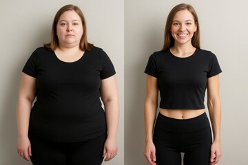 Before and after comparison of two women standing against neutral wall. One is overweight and serious, the other fit and smiling. Concept of weight loss and body transformation