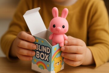 Child holding blind box toy with pink bunny figure. Colorful packaging with rainbow and cartoon bear. Concept of surprise toys, collectibles and kawaii characters