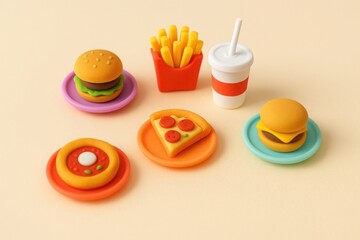 Colorful miniature fast food set with burgers, fries, pizza slice, drink and pasta on plates. Made of polymer clay. Concept of junk food, modeling and creative play