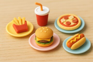 Miniature fast food items including burger, fries, pizza, hot dog and soda on colorful plates. Made of polymer clay. Concept of junk food, modeling and kids play

