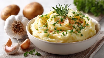 Creamy Mashed Potatoes with Chives, Rosemary, and Garlic on Wooden Board