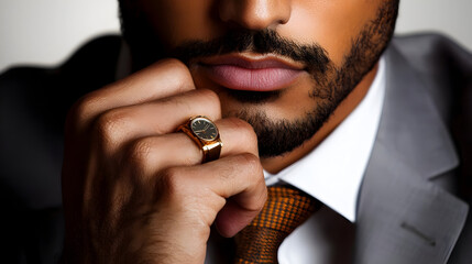 Close Up Of Man In Suit With Gold Ring