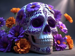 3D Decorative Sugar Skull with Mexican Floral Patterns